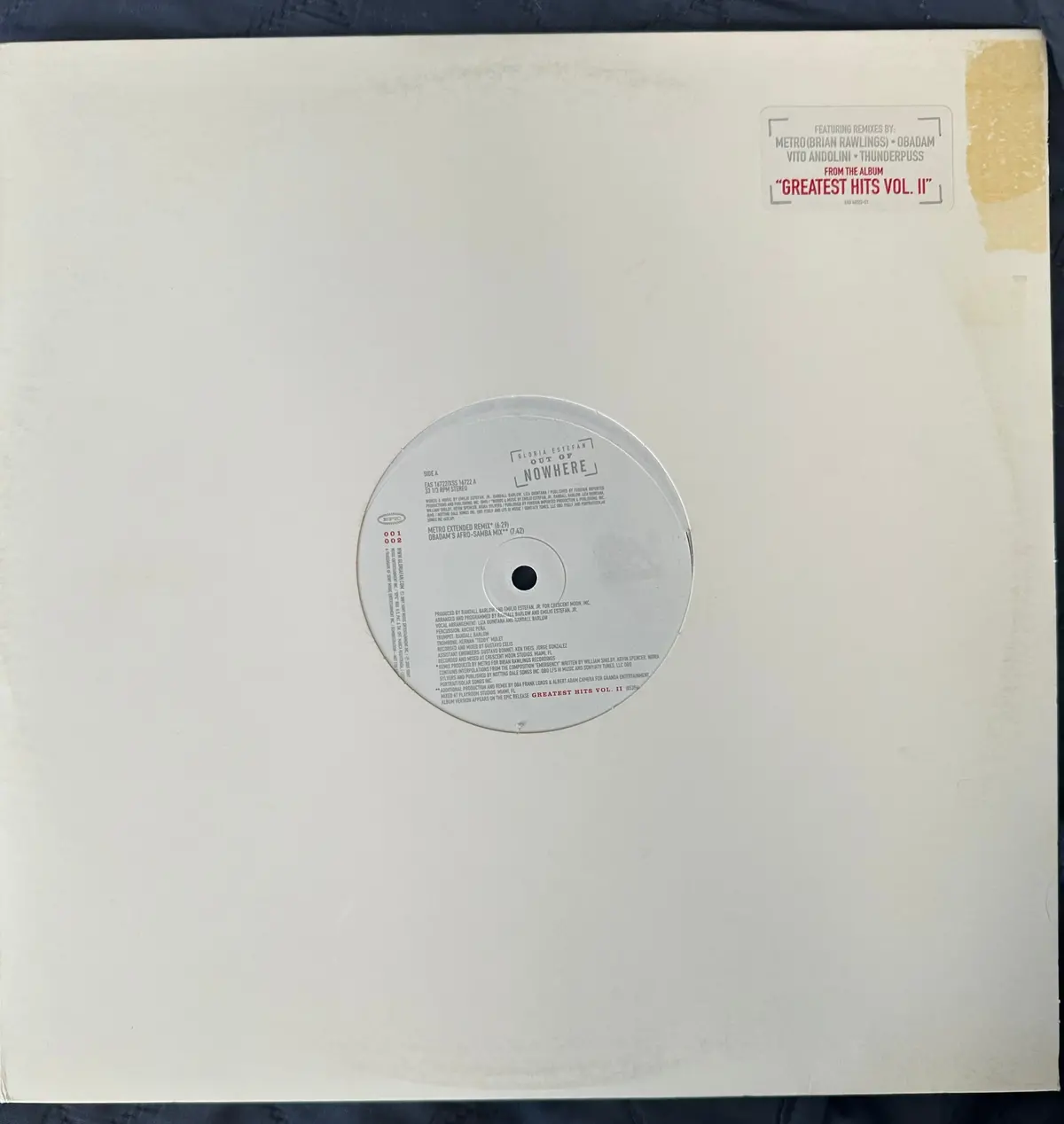 Gloria Estefan 12” Single - Out Of Nowhere Promo Lp  Vinyl - Used 1