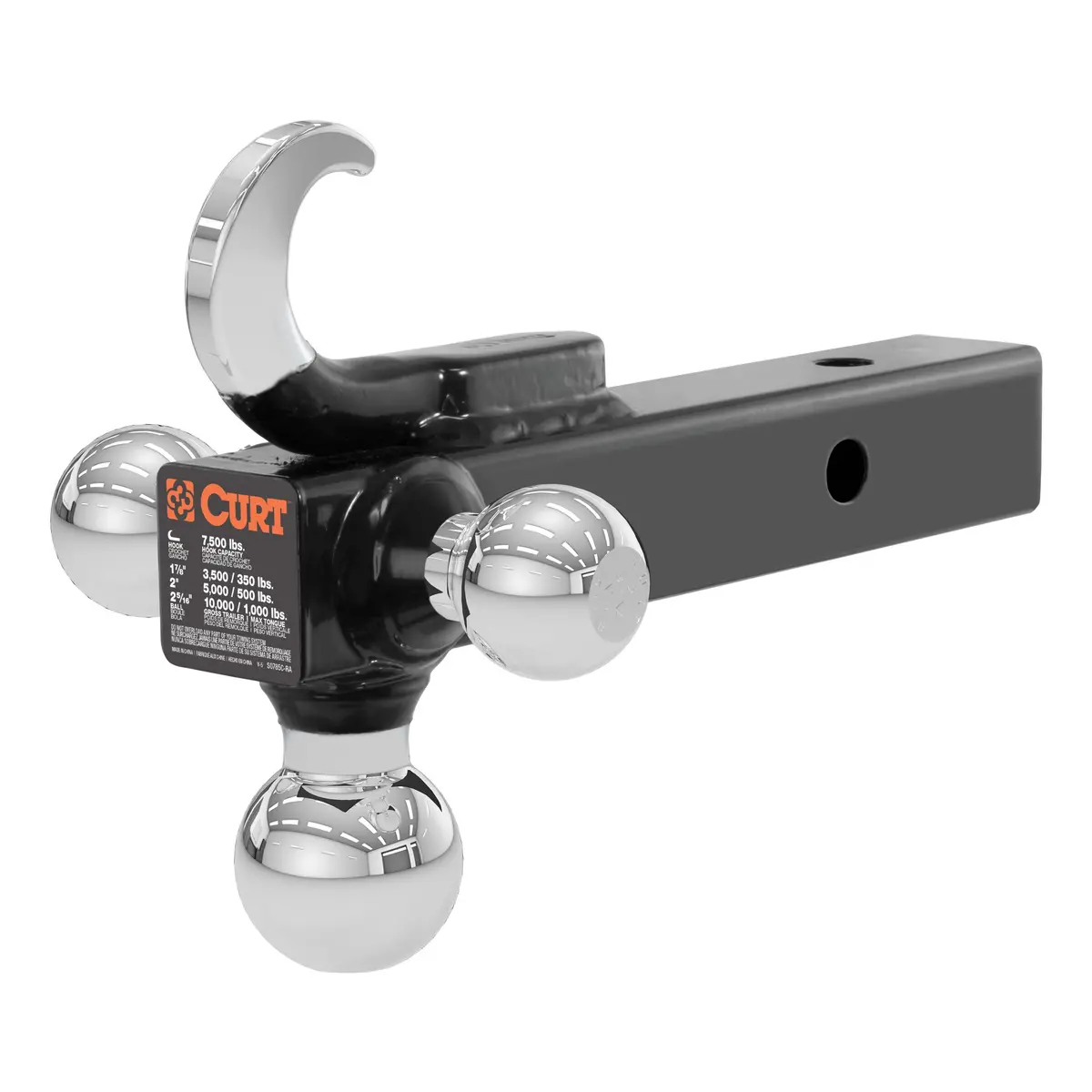 Curt 45675 Multi-Ball Trailer Hitch Ball Mount With 1-7/8-Inch, 2-Inch, 2-5/16-Inch Trailer Balls And Tow Hook, Fits 2-Inch Receiver, 10,000 Lbs. Gtw 1
