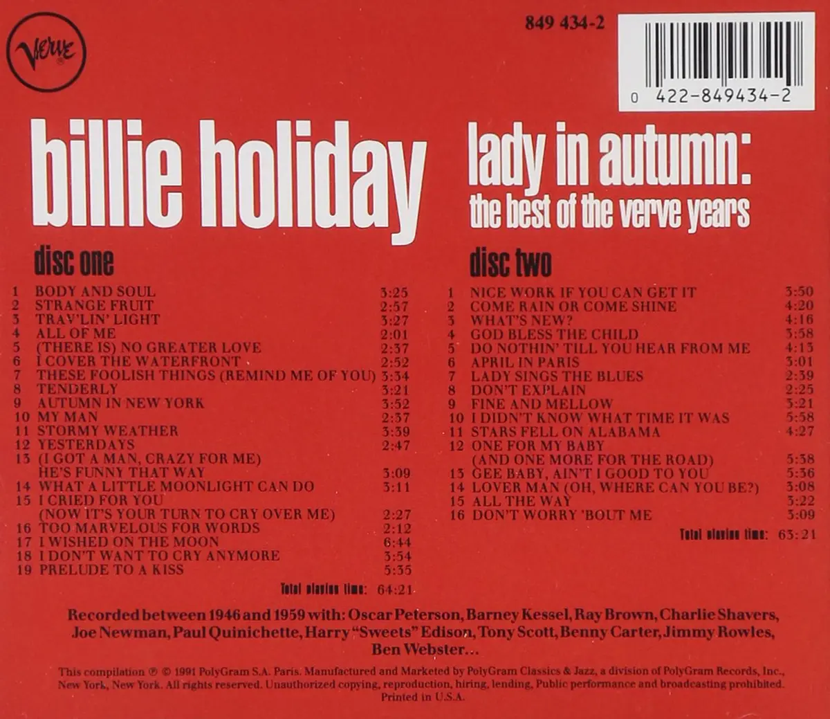 Billie Holiday - Lady In Autumn: The Best Of The Verve Years. (2Cd) Used 2