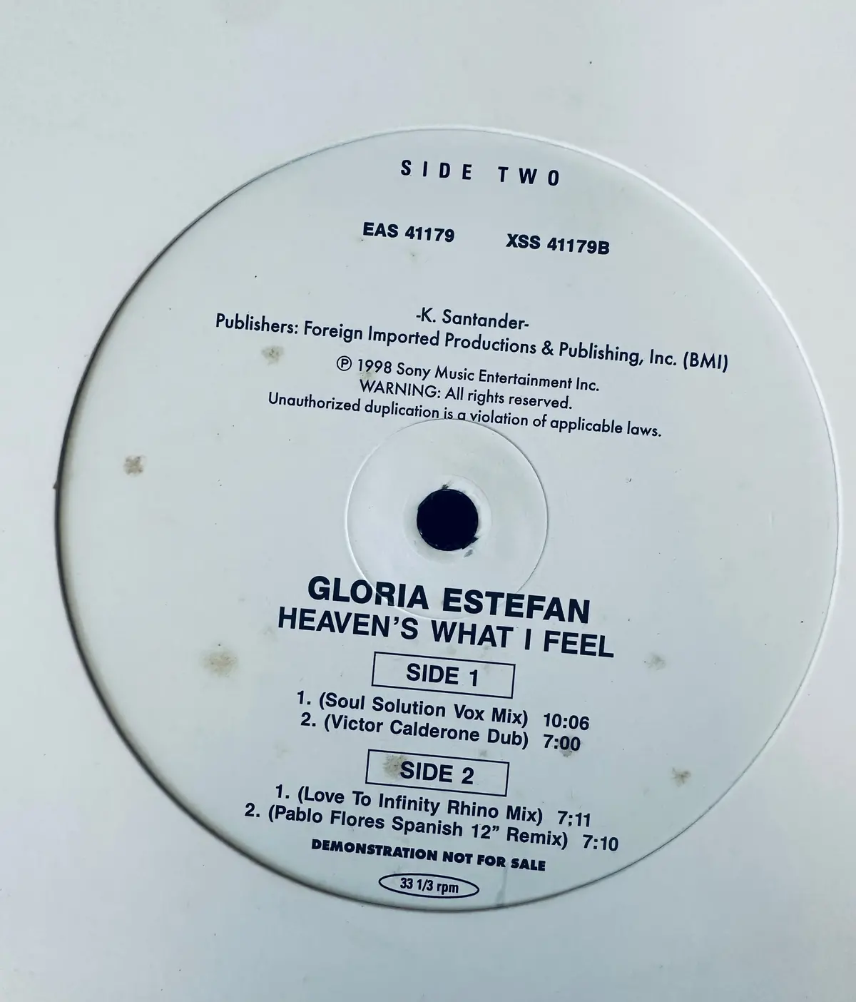 Gloria Estefan 12” Single - Heavens What I Feel Promo #2 Lp Vinyl - Used 2