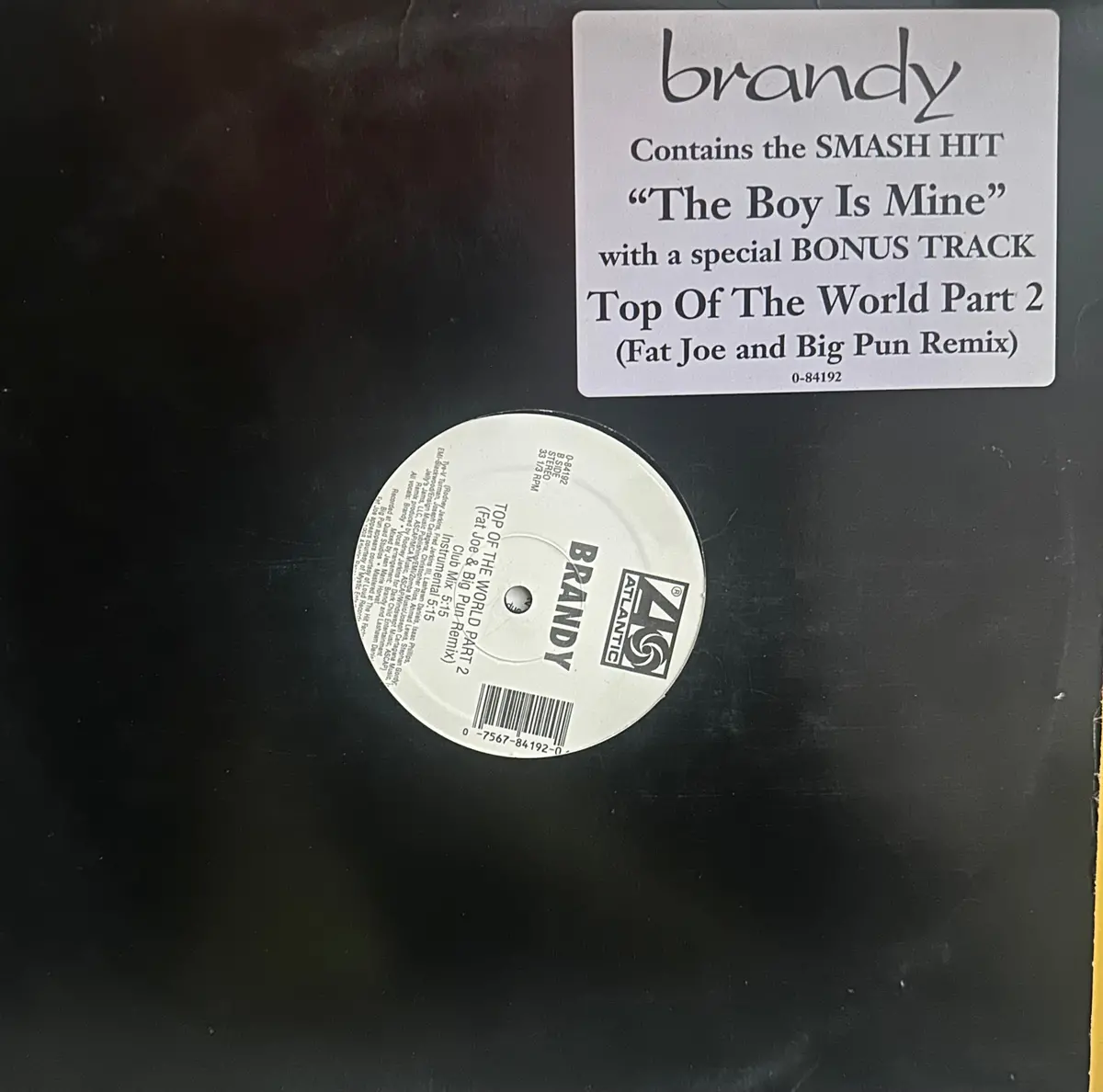 Brandy -  The Boy Is Mine Remix / Top Of The World  12" Single Lp Vinyl - Used 1