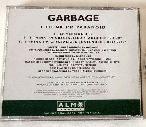 Garbage I Think I'm Paranoid  (Promo) Cd Single 1