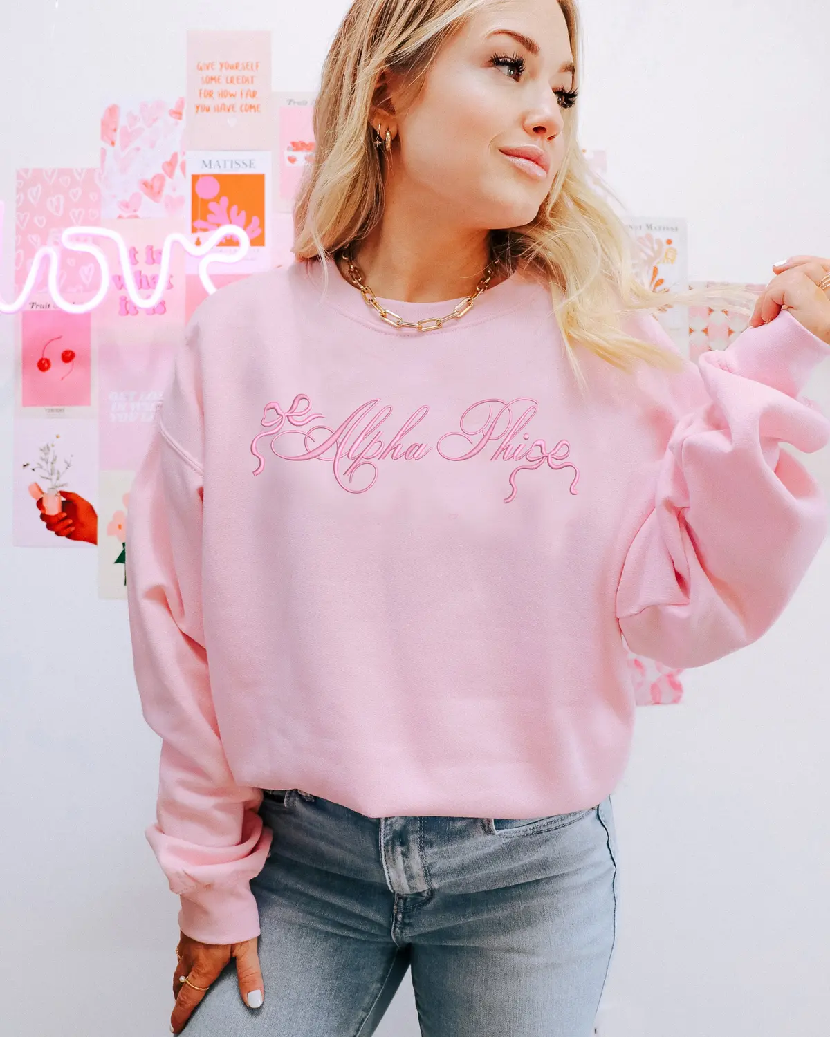 Alpha Phi Ribbons & Bows Embroidered Crewneck 1
