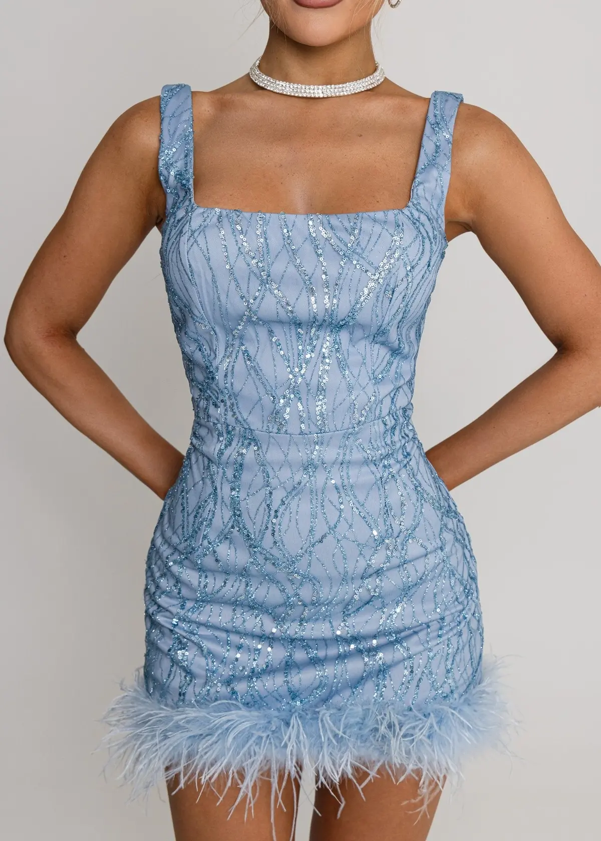 Electric Energy Feather Detail Mini Dress - Blue 4