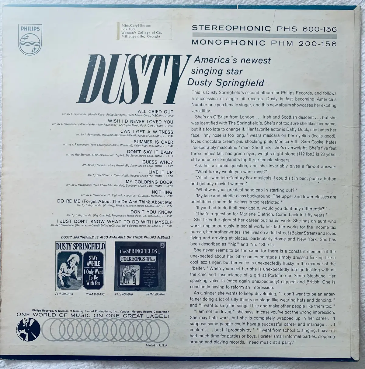 Dusty Springfield - Dusty Lp Vinyl - Used 2