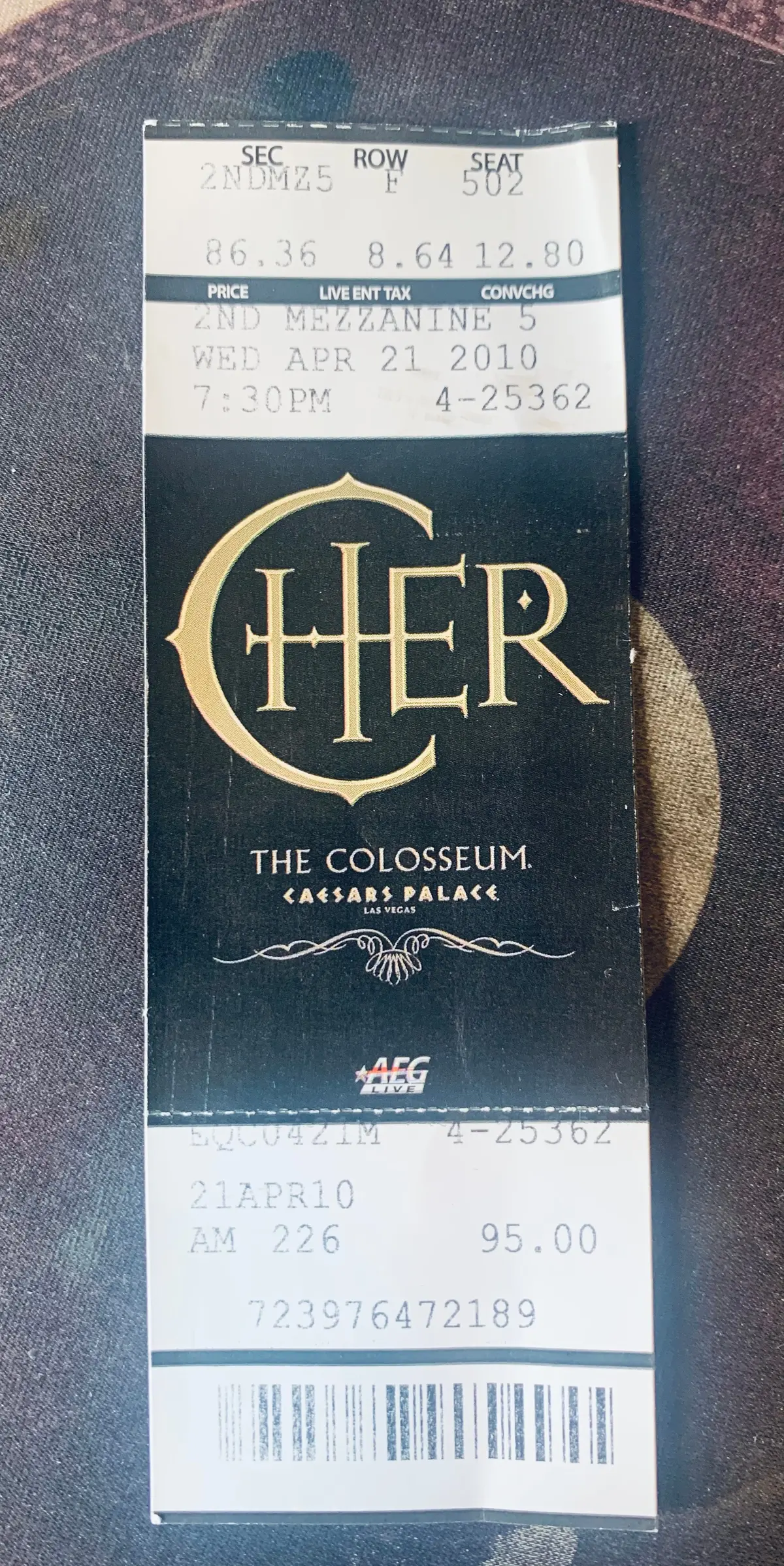 Cher - 2010 The Colosseum Concert Ticket - 1