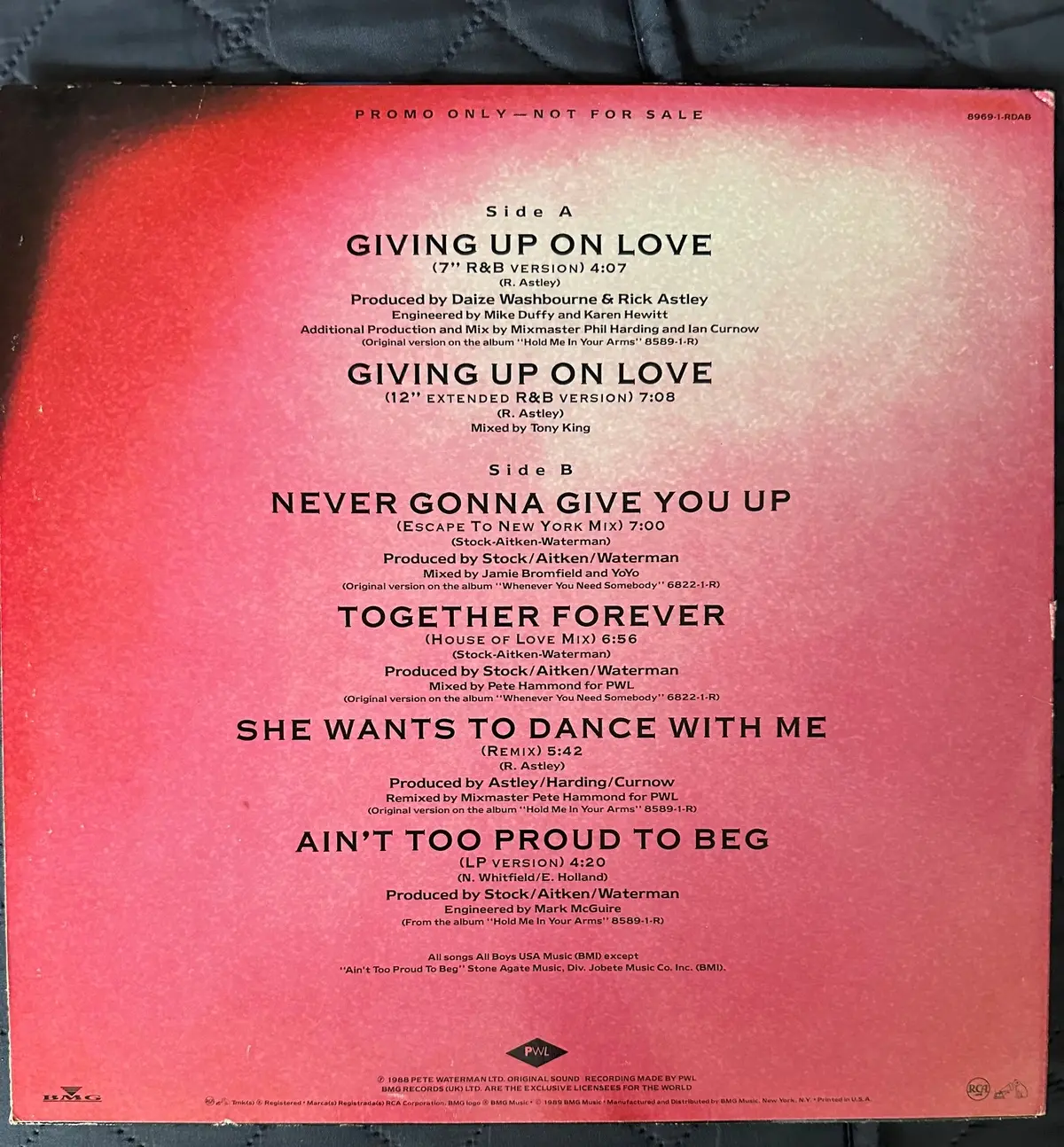 Rick Astley - Giving Up On Love / Together Forever / She Wants To Dance With Me / Never Gonna Give You Up (Usa Promo) 12" Single Lp Vinyl - Used 2