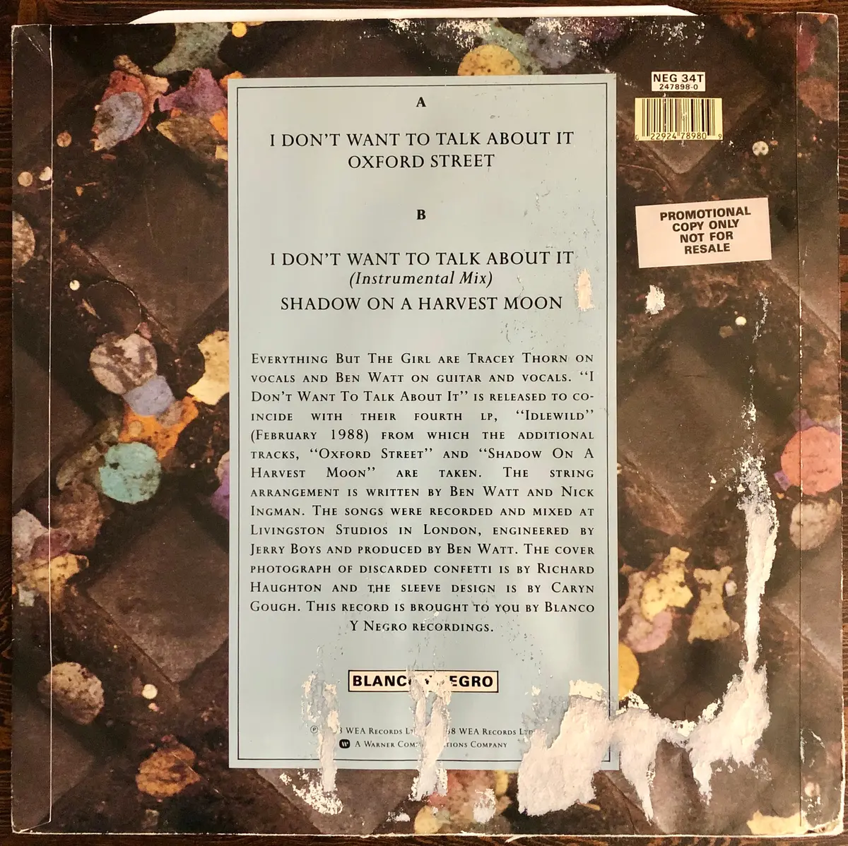 Everything But The Girl (Ebtg) -I Don't Want To Talk About It - Used 12" Lp Vinyl - Promo 2