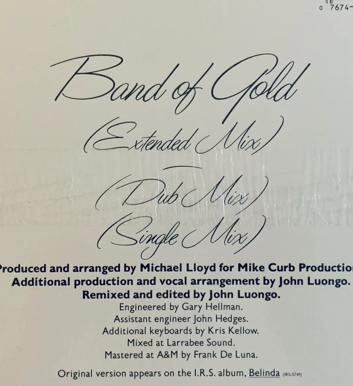 Belinda Carlisle - Band Of Gold - 12" Gold Vinyl - Used 2