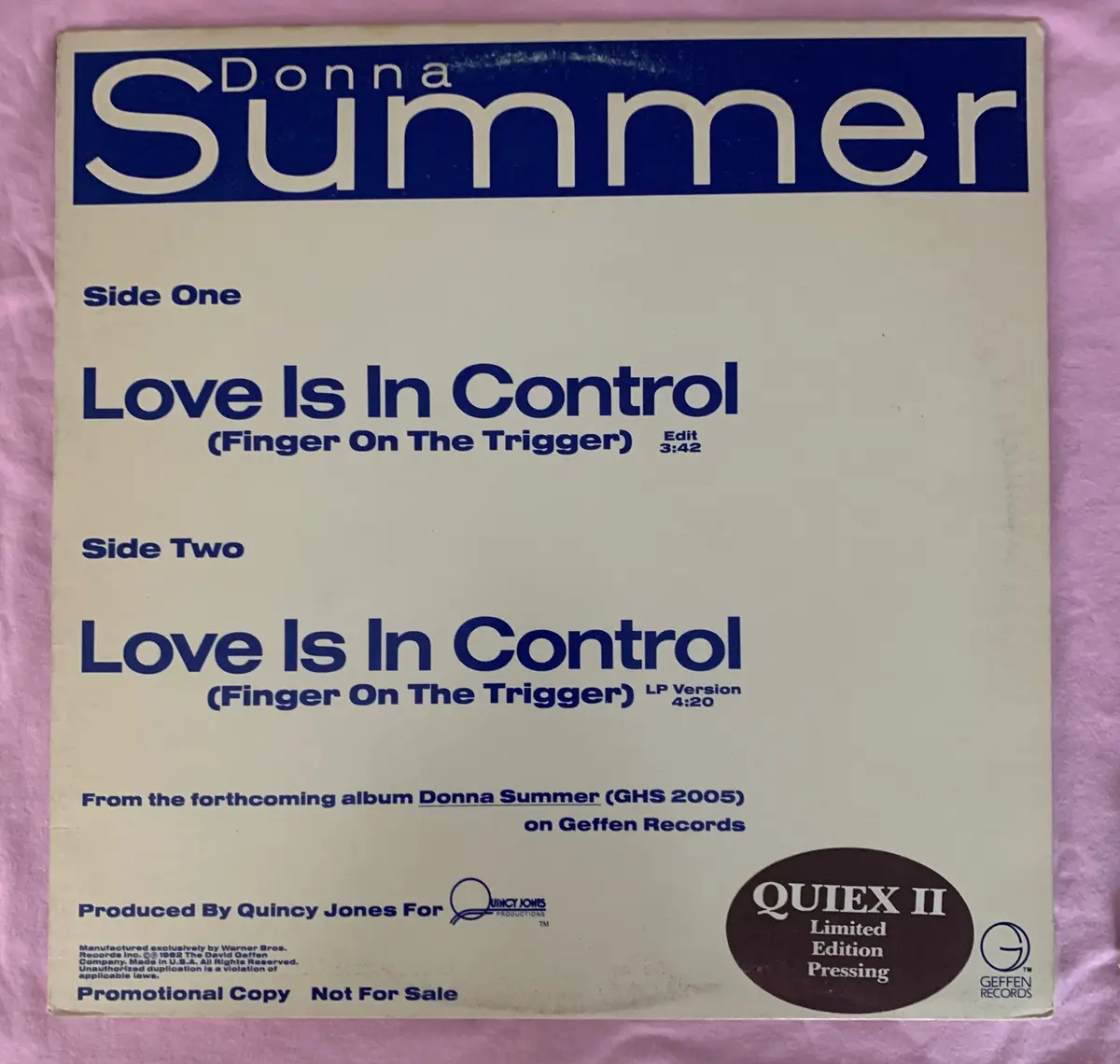 Donna Summer - "Love Is In Control"  12"  Promo Lp Vinyl - Used 1