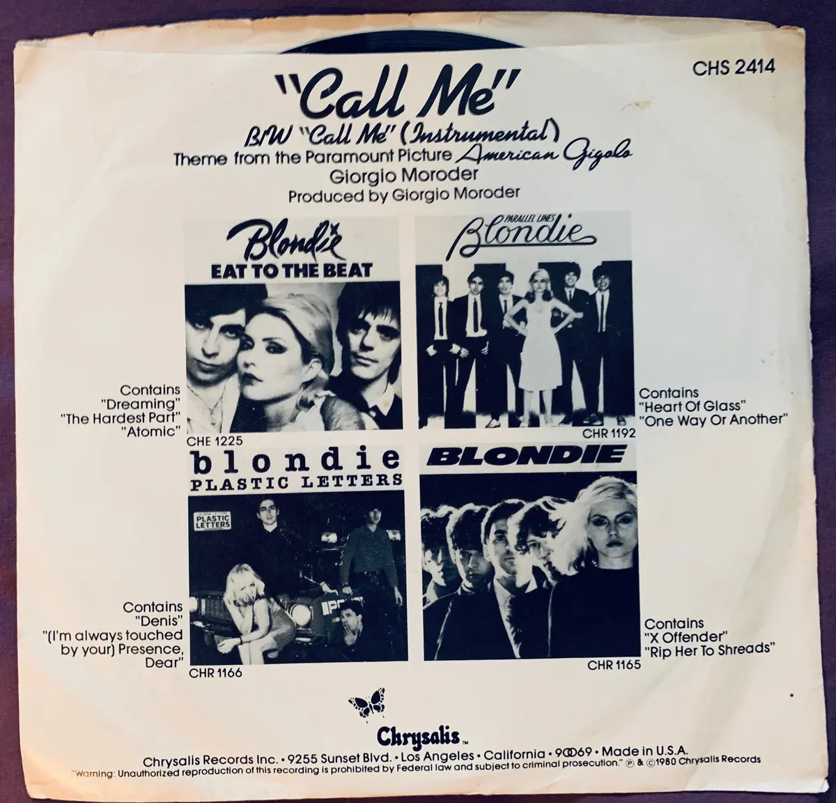 Blondie - Call Me 45 Record (7") Used 2