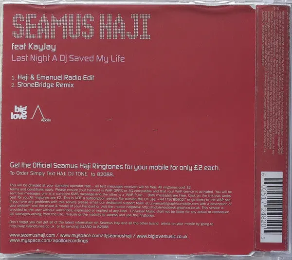 Seamus Haji - Last Night A Dj Saved My Life (Import Cd Single) Used 2