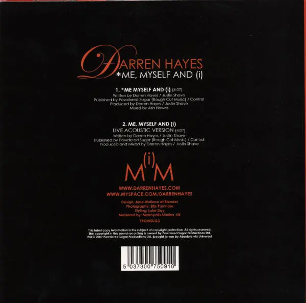 Darren Hayes -Me, Myself And (I) 45 Record 7" Red Vinyl 2