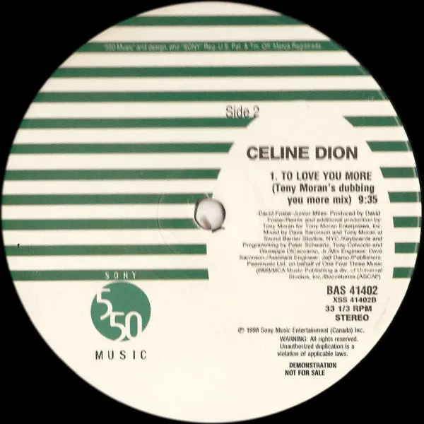Celine Dion - To Love You More (Promo 12" Single) The Tony Moran  Mixes - Lp Vinyl - Used 1