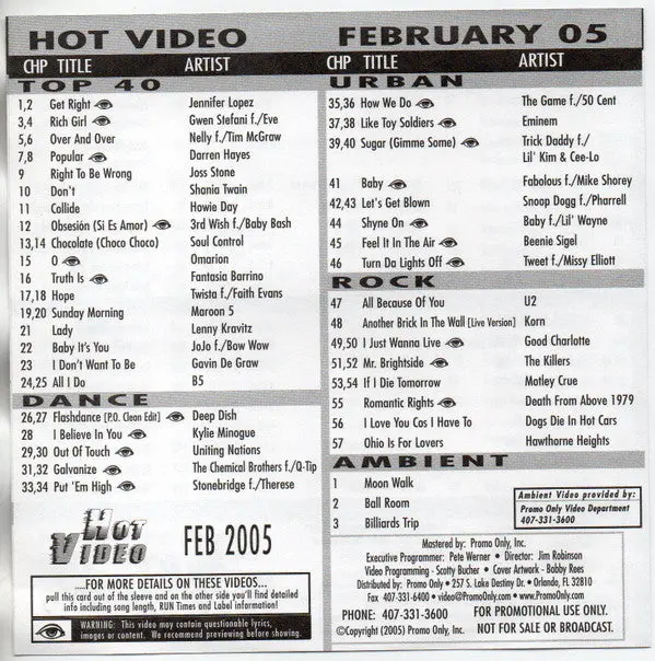 Promo Only Dvd - Feb. 2005 Hot Videos Dvd - 41 Music Videos - Used 2