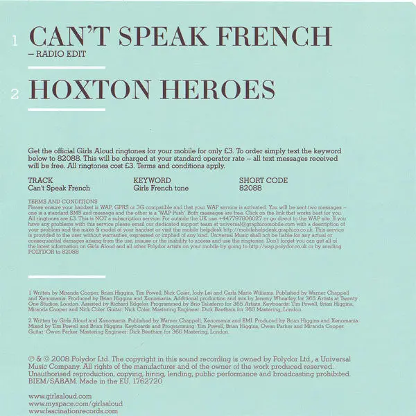 Girls Aloud - Can't Speak French / Hoxton Hereos! (Import Cd Single) 2 Track - Used 2