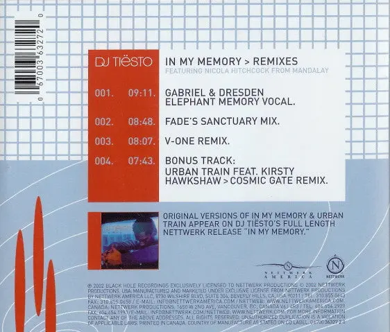 Dj Tiesto - In My Memory > Remixes (Cd Single) Used 2