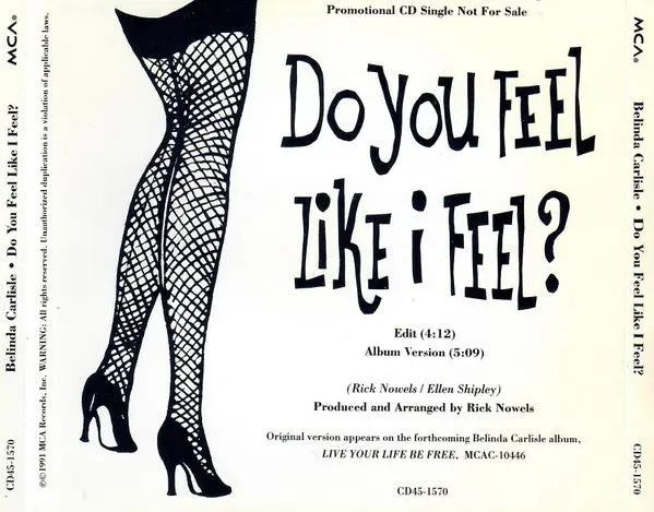 Belinda Carlisle - Do You Feel Like I Feel? (Promo) Cd Single -Used 2