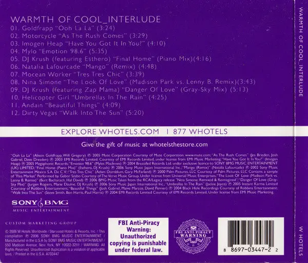 W Hotels - Limited Edition Warmth Of Cool_Interlude (Various) Cd - Used 2