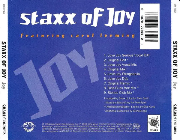 Staxx Of Joy Ft: Carol Leeming - Joy (Maxi Cd Single) Used 2