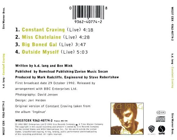 K.D. Lang -- Constant Craving Live + 3 Bonus Live (Uk Cd Single) Used 2