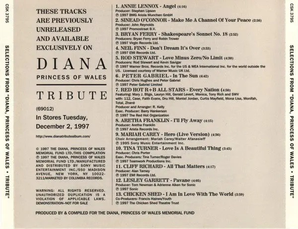 Diana Princess Of Wales Tribute Highlights (Various) Used Promo Cd 2