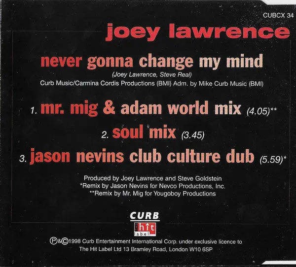 Joey Lawrence - Never Gonna Change My Mind (Import Cd Single) Used 2
