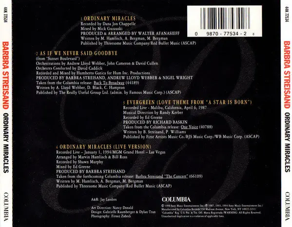 Barbra Streisand - Ordinary Miracles Cd Single - Used 2