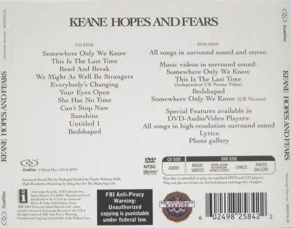 Keane - Hopes And Fears Cd/Dvd Dual Disc - Used 2