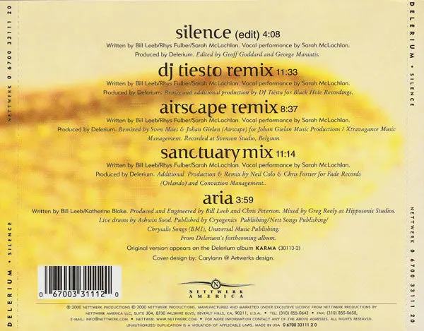 Delerium Ft: Sarah Mclachlan - Silence (Us Max Cd Single) Used 2