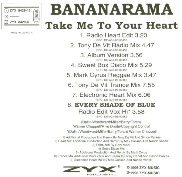 Bananarama -- Take Me To Your Heart (Zyx Import Cd Single) Used 2