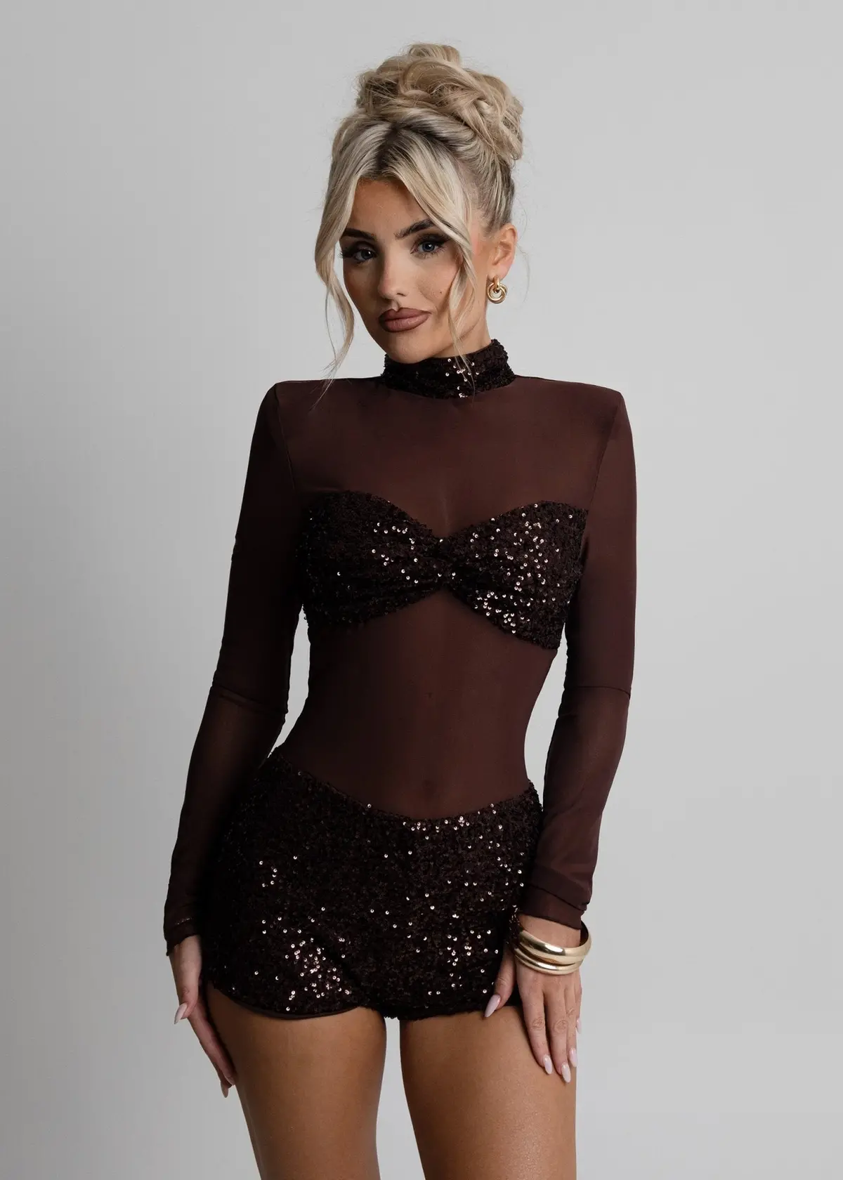 Sheer Grace Sequin Mesh Playsuit - Brown 1