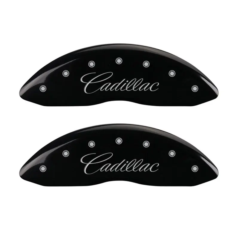 Mgp Engraved 4-Piston Caliper Covers – Front & Rear, Cursive Cadillac Design, Black Base With Silver Accents 1