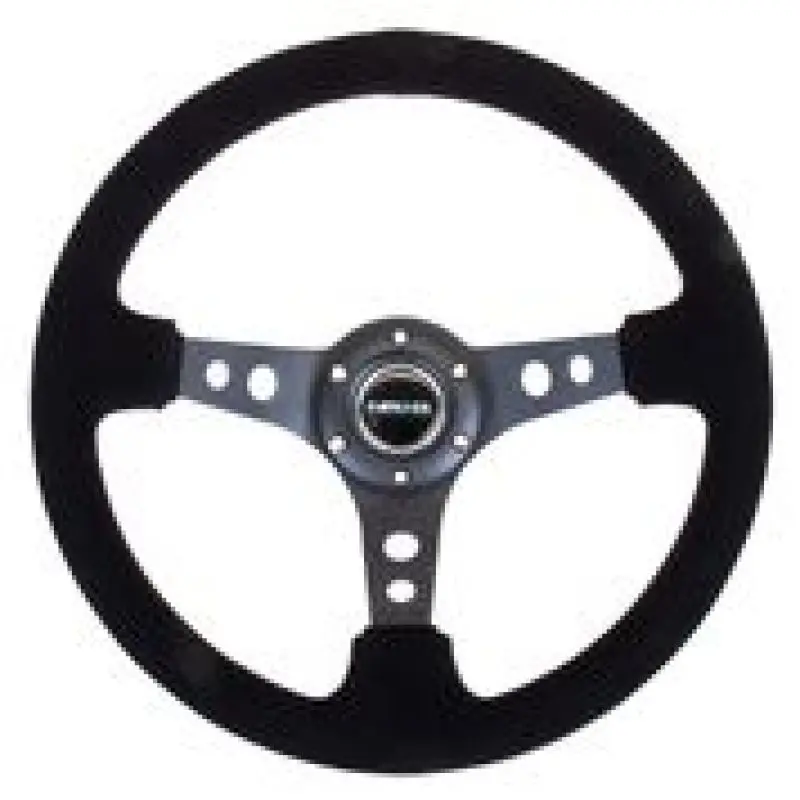 Nrg Reinforced 350Mm Steering Wheel With 3-Inch Depth – Black Suede & Stitch, Black Circle Cutout Spokes 1